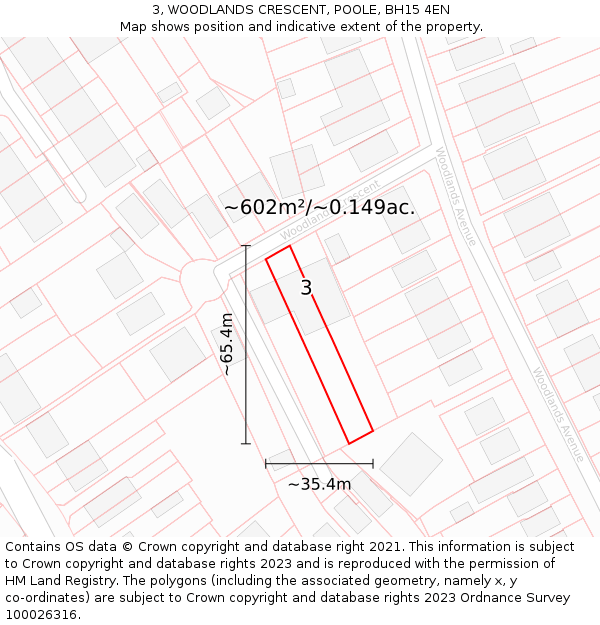 3, WOODLANDS CRESCENT, POOLE, BH15 4EN: Plot and title map