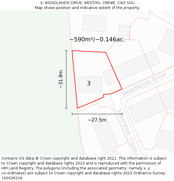 3, WOODLANDS DRIVE, WESTON, CREWE, CW2 5GU: Plot and title map