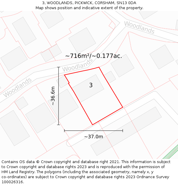 3, WOODLANDS, PICKWICK, CORSHAM, SN13 0DA: Plot and title map