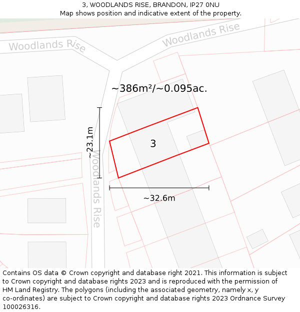 3, WOODLANDS RISE, BRANDON, IP27 0NU: Plot and title map