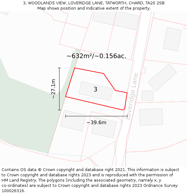 3, WOODLANDS VIEW, LOVERIDGE LANE, TATWORTH, CHARD, TA20 2SB: Plot and title map