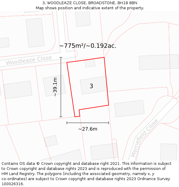 3, WOODLEAZE CLOSE, BROADSTONE, BH18 8BN: Plot and title map