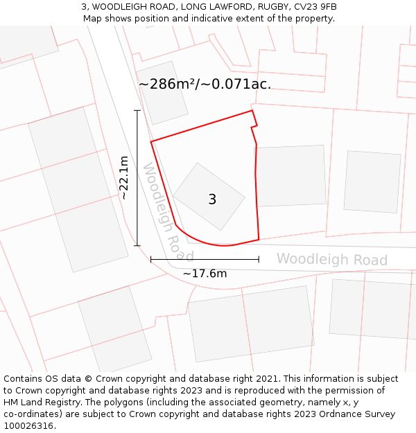 3, WOODLEIGH ROAD, LONG LAWFORD, RUGBY, CV23 9FB: Plot and title map
