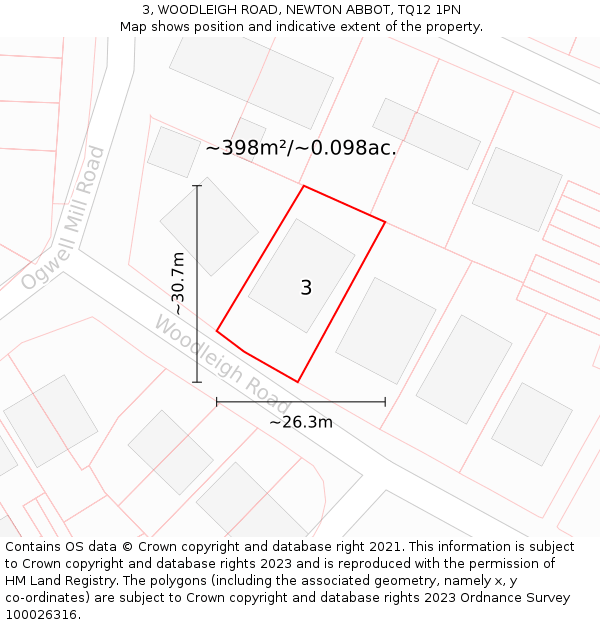 3, WOODLEIGH ROAD, NEWTON ABBOT, TQ12 1PN: Plot and title map