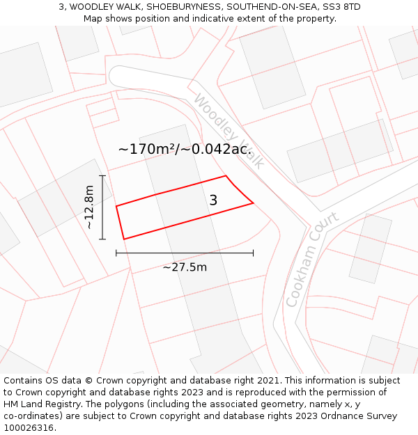 3, WOODLEY WALK, SHOEBURYNESS, SOUTHEND-ON-SEA, SS3 8TD: Plot and title map