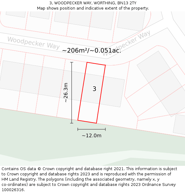 3, WOODPECKER WAY, WORTHING, BN13 2TY: Plot and title map