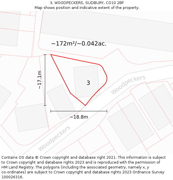 3, WOODPECKERS, SUDBURY, CO10 2BF: Plot and title map