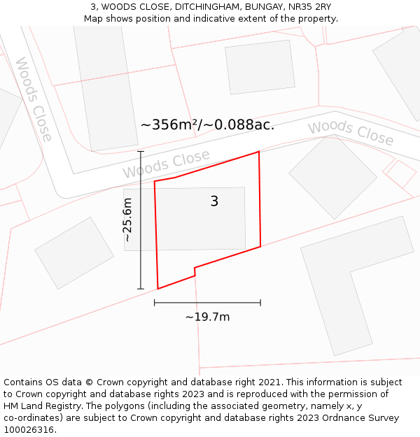 3, WOODS CLOSE, DITCHINGHAM, BUNGAY, NR35 2RY: Plot and title map