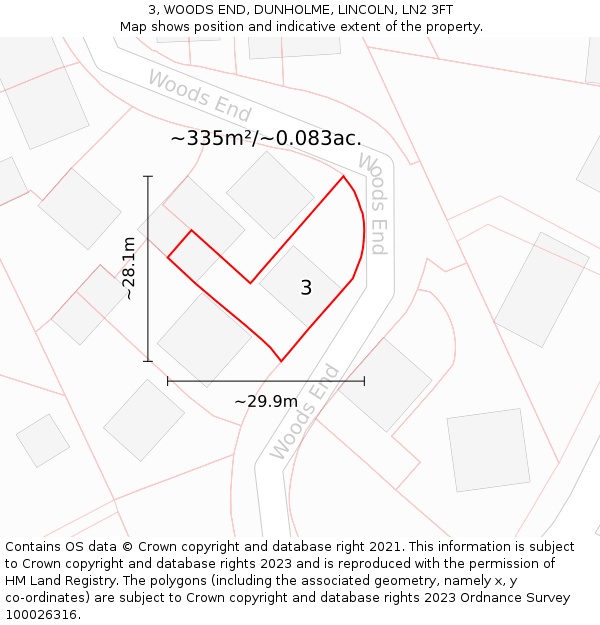 3, WOODS END, DUNHOLME, LINCOLN, LN2 3FT: Plot and title map