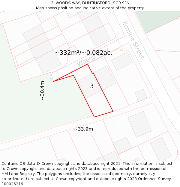 3, WOODS WAY, BUNTINGFORD, SG9 9FN: Plot and title map