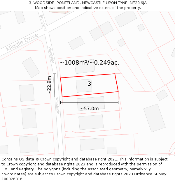 3, WOODSIDE, PONTELAND, NEWCASTLE UPON TYNE, NE20 9JA: Plot and title map