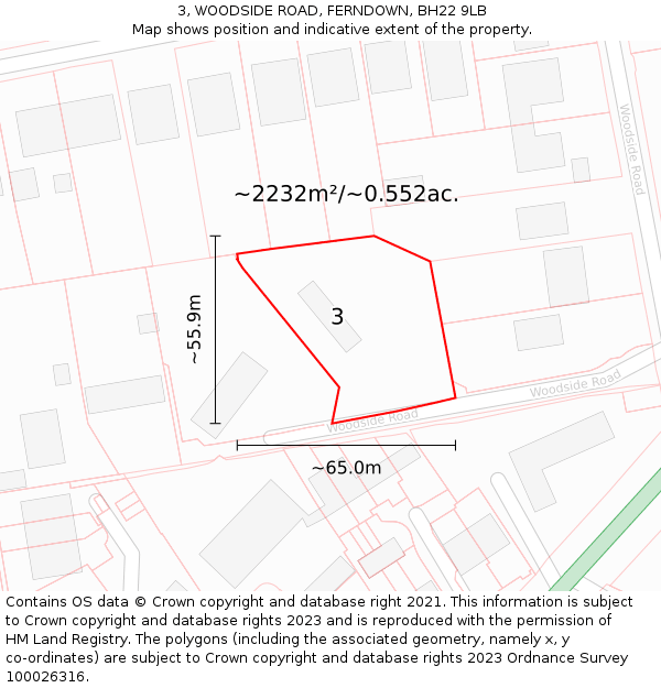 3, WOODSIDE ROAD, FERNDOWN, BH22 9LB: Plot and title map