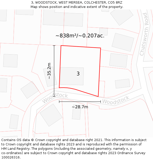 3, WOODSTOCK, WEST MERSEA, COLCHESTER, CO5 8RZ: Plot and title map