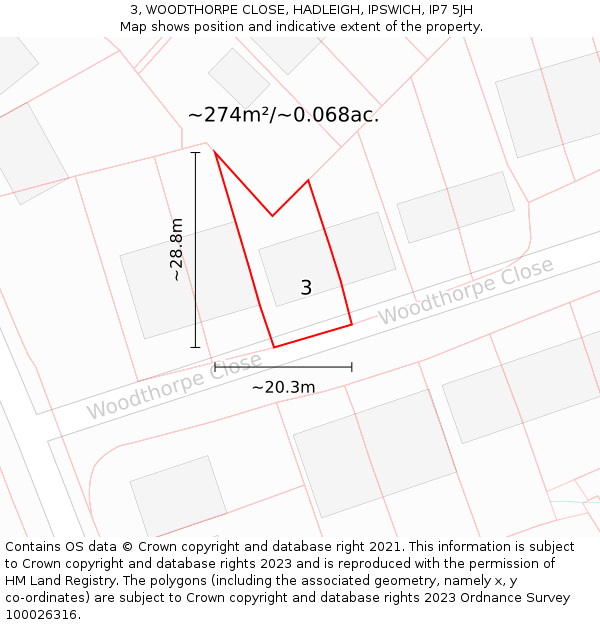 3, WOODTHORPE CLOSE, HADLEIGH, IPSWICH, IP7 5JH: Plot and title map