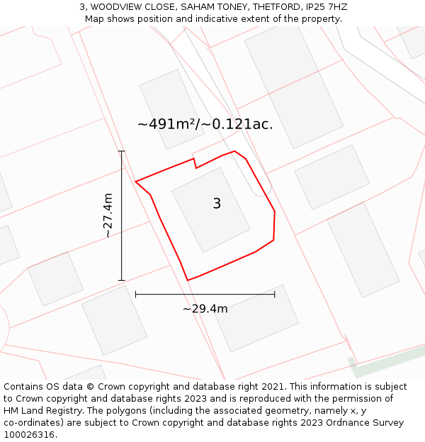 3, WOODVIEW CLOSE, SAHAM TONEY, THETFORD, IP25 7HZ: Plot and title map