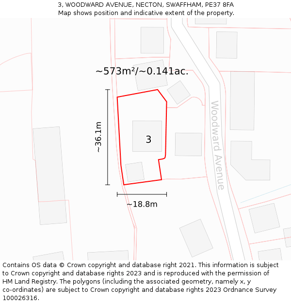3, WOODWARD AVENUE, NECTON, SWAFFHAM, PE37 8FA: Plot and title map