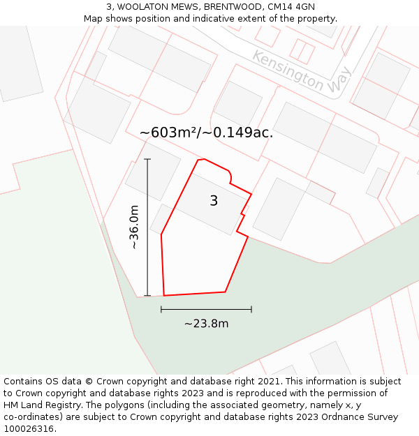 3, WOOLATON MEWS, BRENTWOOD, CM14 4GN: Plot and title map