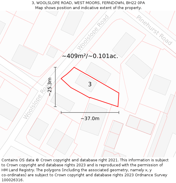 3, WOOLSLOPE ROAD, WEST MOORS, FERNDOWN, BH22 0PA: Plot and title map