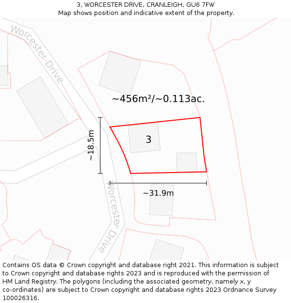 3, WORCESTER DRIVE, CRANLEIGH, GU6 7FW: Plot and title map