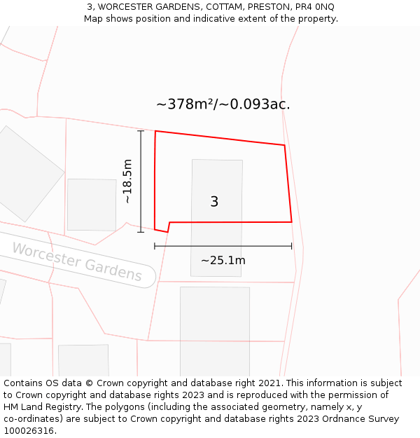 3, WORCESTER GARDENS, COTTAM, PRESTON, PR4 0NQ: Plot and title map