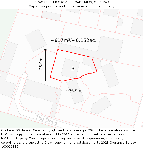 3, WORCESTER GROVE, BROADSTAIRS, CT10 3WR: Plot and title map