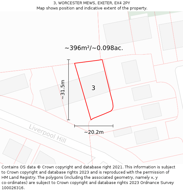 3, WORCESTER MEWS, EXETER, EX4 2PY: Plot and title map