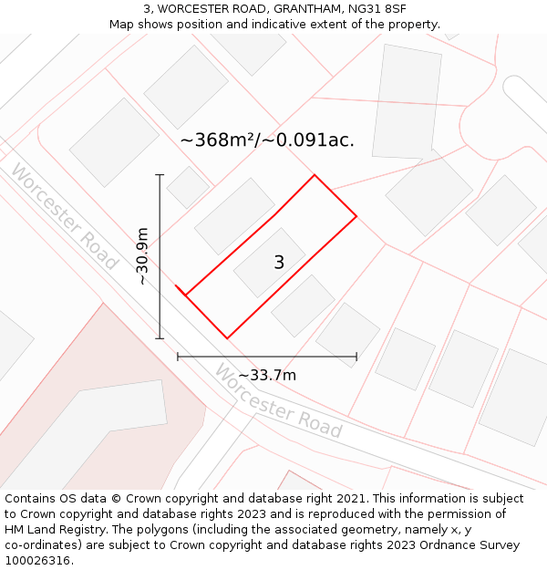3, WORCESTER ROAD, GRANTHAM, NG31 8SF: Plot and title map