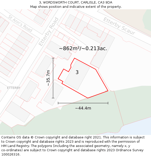 3, WORDSWORTH COURT, CARLISLE, CA3 9DA: Plot and title map