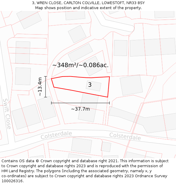 3, WREN CLOSE, CARLTON COLVILLE, LOWESTOFT, NR33 8SY: Plot and title map
