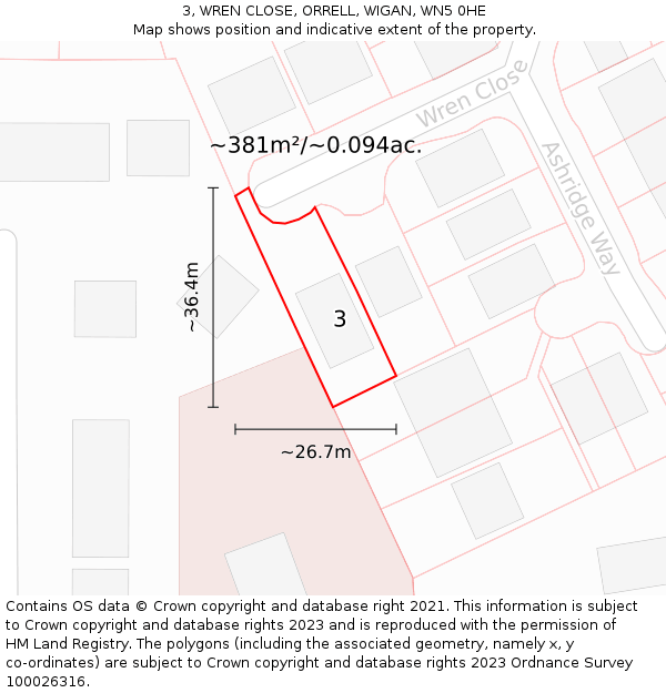 3, WREN CLOSE, ORRELL, WIGAN, WN5 0HE: Plot and title map