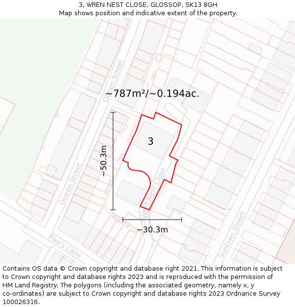 3, WREN NEST CLOSE, GLOSSOP, SK13 8GH: Plot and title map