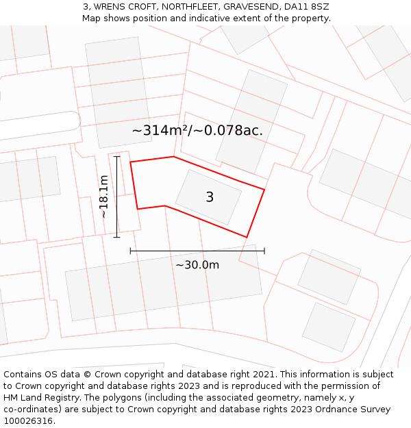 3, WRENS CROFT, NORTHFLEET, GRAVESEND, DA11 8SZ: Plot and title map