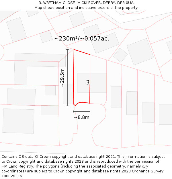 3, WRETHAM CLOSE, MICKLEOVER, DERBY, DE3 0UA: Plot and title map