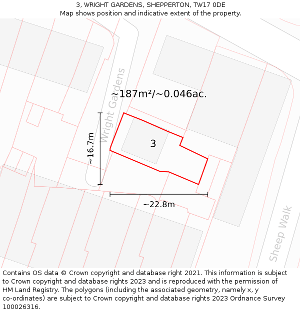 3, WRIGHT GARDENS, SHEPPERTON, TW17 0DE: Plot and title map