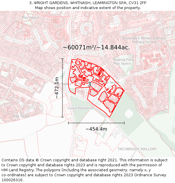 3, WRIGHT GARDENS, WHITNASH, LEAMINGTON SPA, CV31 2FP: Plot and title map