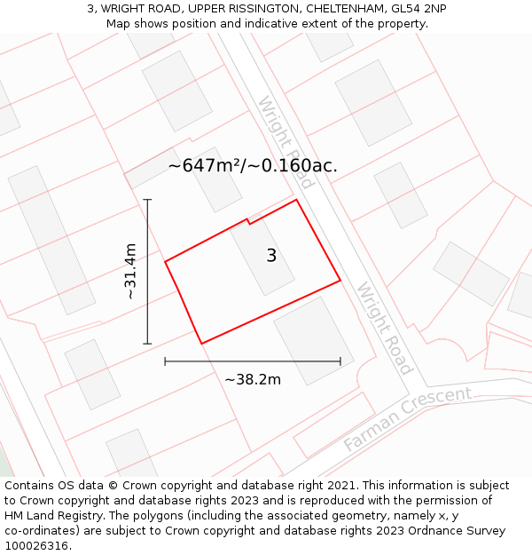 3, WRIGHT ROAD, UPPER RISSINGTON, CHELTENHAM, GL54 2NP: Plot and title map