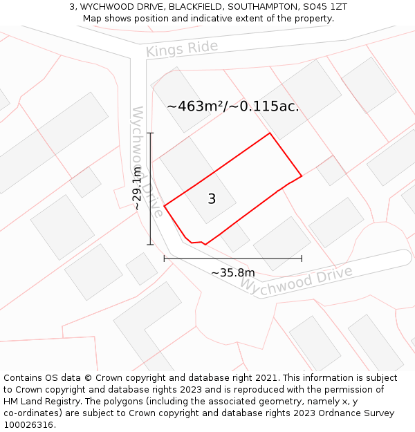 3, WYCHWOOD DRIVE, BLACKFIELD, SOUTHAMPTON, SO45 1ZT: Plot and title map