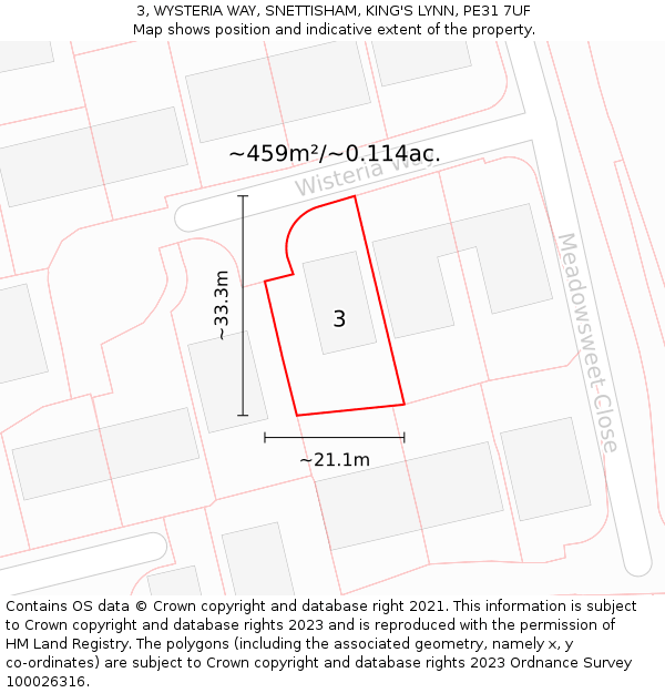 3, WYSTERIA WAY, SNETTISHAM, KING'S LYNN, PE31 7UF: Plot and title map