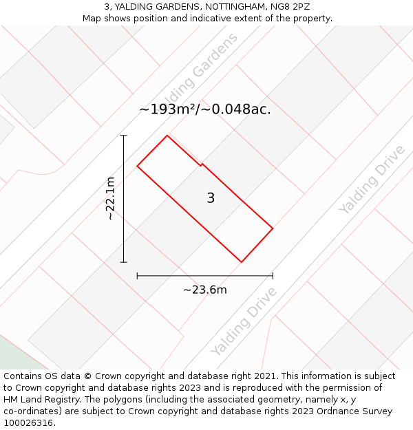 3, YALDING GARDENS, NOTTINGHAM, NG8 2PZ: Plot and title map