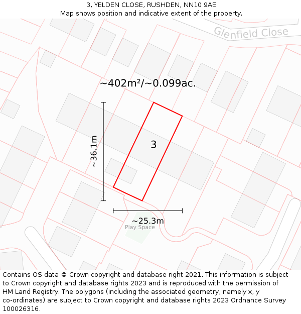 3, YELDEN CLOSE, RUSHDEN, NN10 9AE: Plot and title map