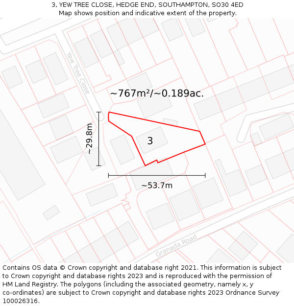 3, YEW TREE CLOSE, HEDGE END, SOUTHAMPTON, SO30 4ED: Plot and title map