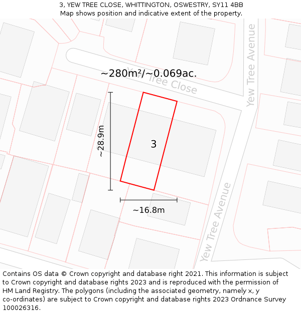 3, YEW TREE CLOSE, WHITTINGTON, OSWESTRY, SY11 4BB: Plot and title map