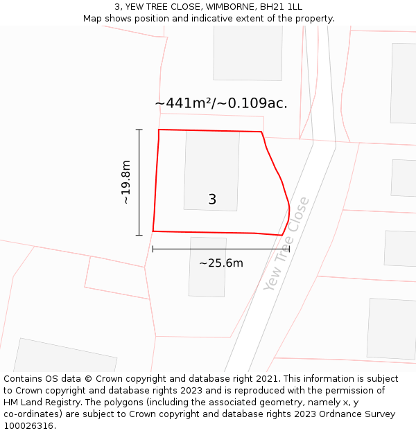 3, YEW TREE CLOSE, WIMBORNE, BH21 1LL: Plot and title map