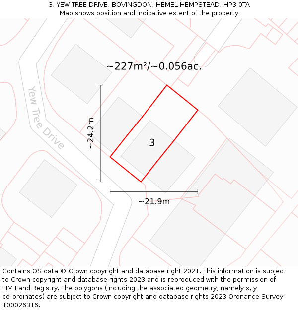 3, YEW TREE DRIVE, BOVINGDON, HEMEL HEMPSTEAD, HP3 0TA: Plot and title map