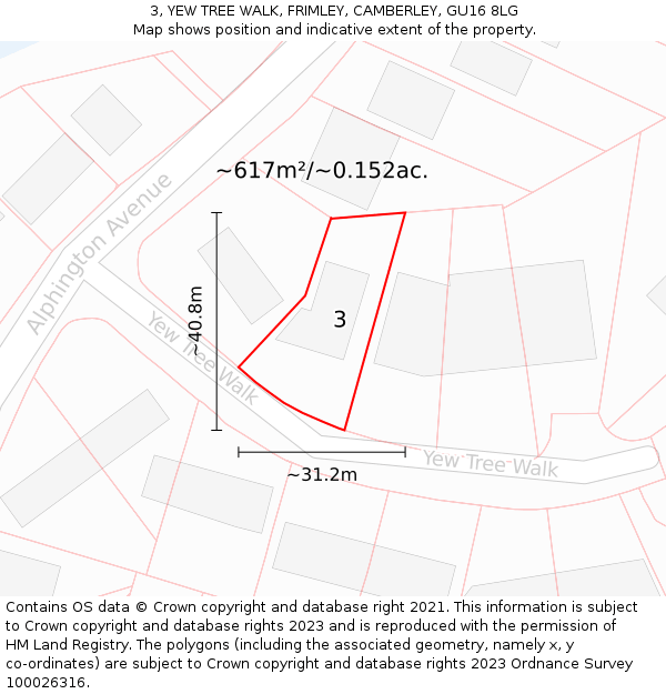 3, YEW TREE WALK, FRIMLEY, CAMBERLEY, GU16 8LG: Plot and title map