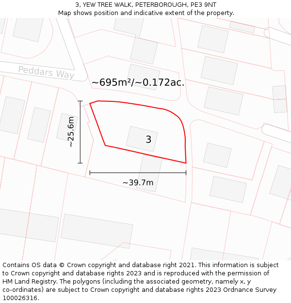 3, YEW TREE WALK, PETERBOROUGH, PE3 9NT: Plot and title map