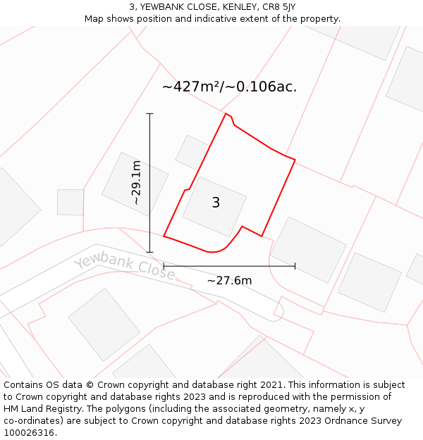 3, YEWBANK CLOSE, KENLEY, CR8 5JY: Plot and title map