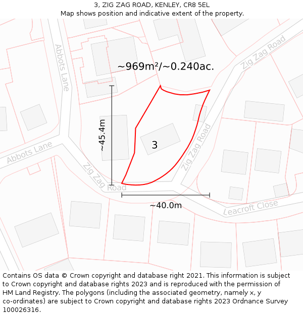 3, ZIG ZAG ROAD, KENLEY, CR8 5EL: Plot and title map
