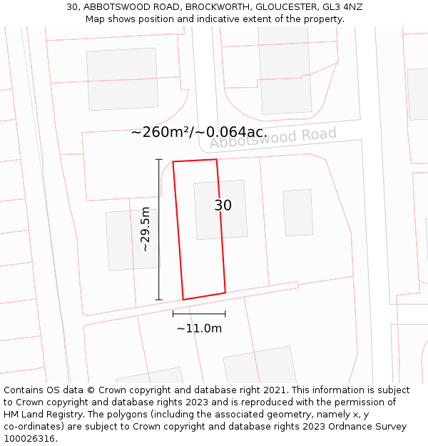 30, ABBOTSWOOD ROAD, BROCKWORTH, GLOUCESTER, GL3 4NZ: Plot and title map