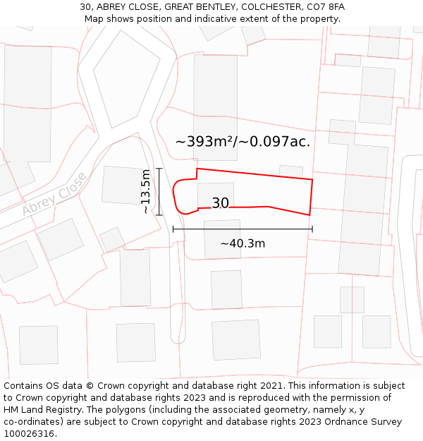 30, ABREY CLOSE, GREAT BENTLEY, COLCHESTER, CO7 8FA: Plot and title map